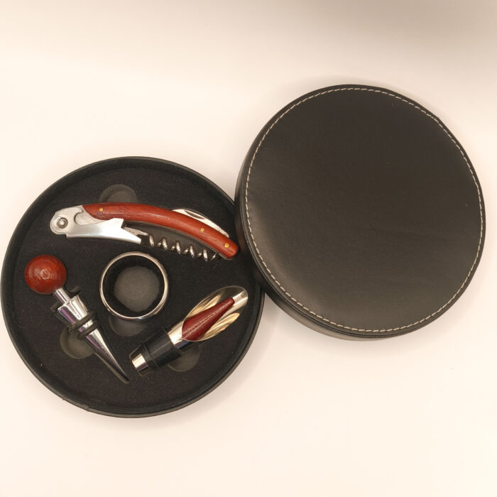 Set para vino - 4 Accesorios con Estuche Ecocuero