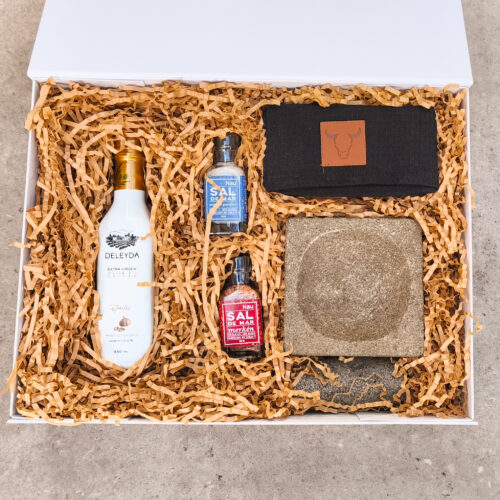 Caja de regalo - Mortero Variedad de sales Aceite Oliva Paño Wayu.