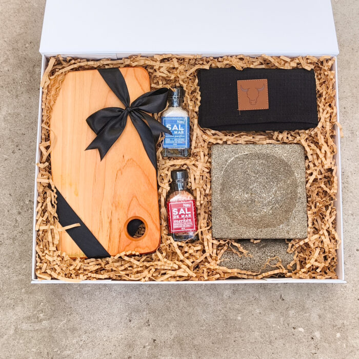 Caja de regalo - Mortero de piedra Variedad de sal Tabla Paño Wayu